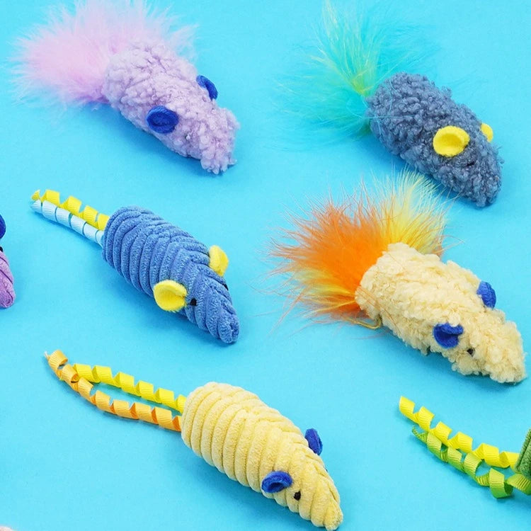 3-Pack Squeaky Catnip Plush Mouse Cat Toys — Colorful Interactive Rattle Mice for Kittens