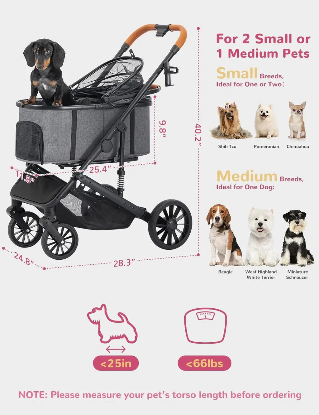 Travel for Small and Medium Dogs and Cats, 4 Wheels, Folding, Detachable Carrier, Breathable, Grey