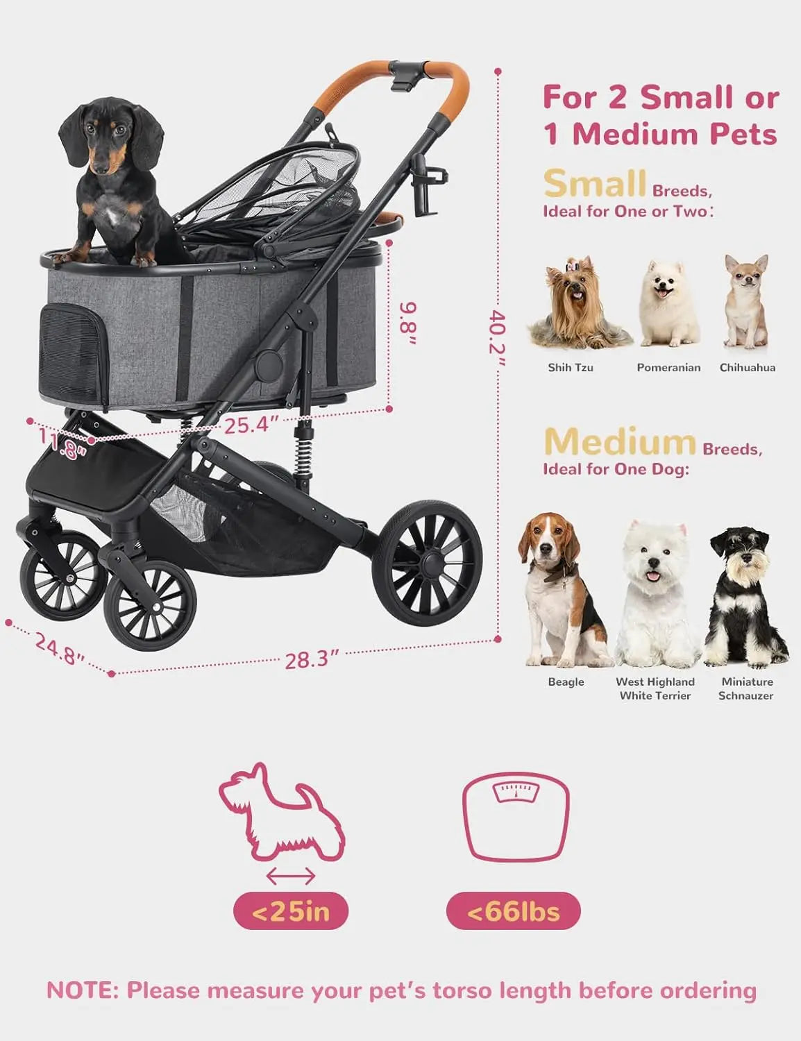 Travel for Small and Medium Dogs and Cats, 4 Wheels, Folding, Detachable Carrier, Breathable, Grey