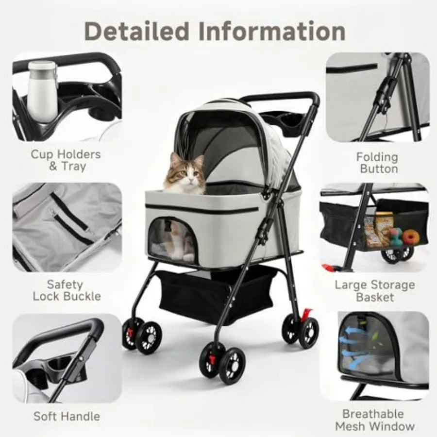 Pet Stroller for Small Dogs and Cats with 4 Wheels, 3 in 1 Foldable Dog Stroller with Detachable Carrier, Breathable Mesh, Stor