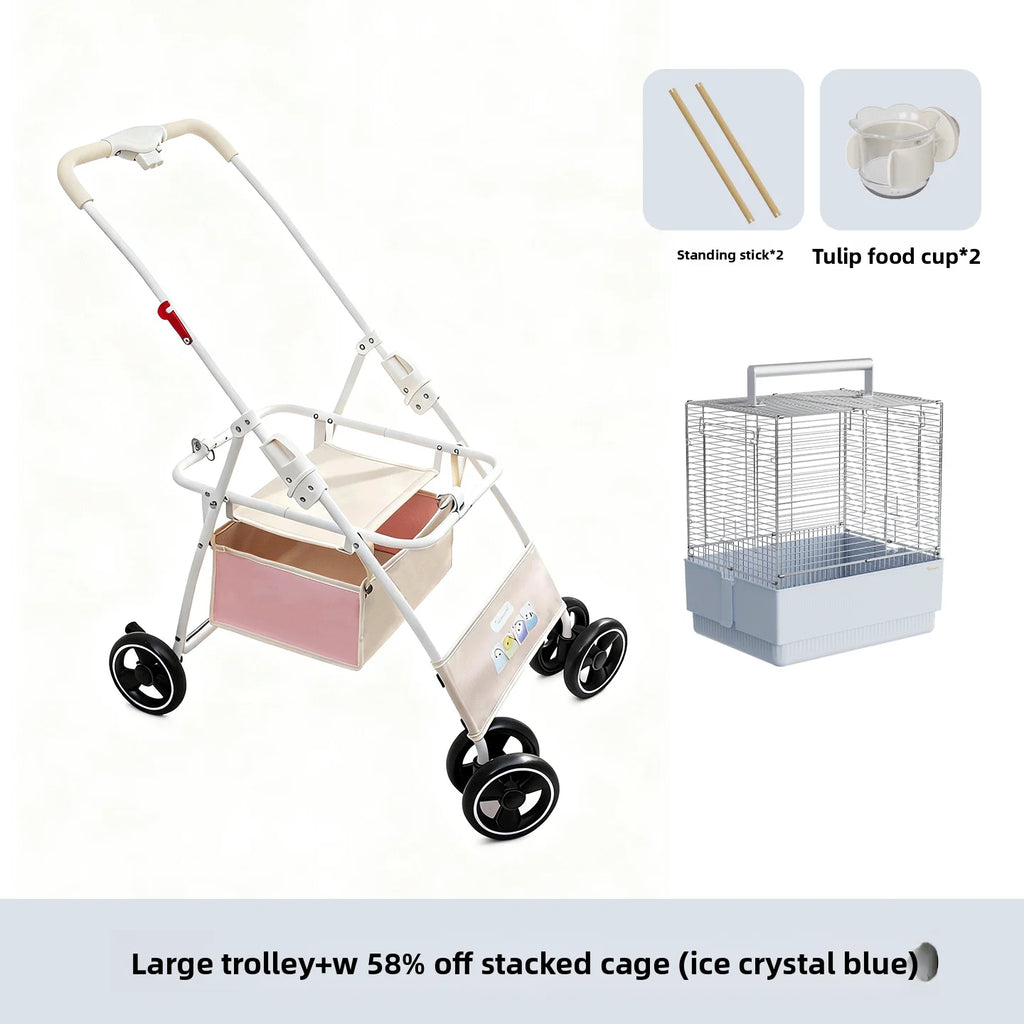 Foldable Lightweight Pet Stroller for Parrots Dogs Cats Outdoor Travel Carrier with Storage Space Portable Pet Transport Cart