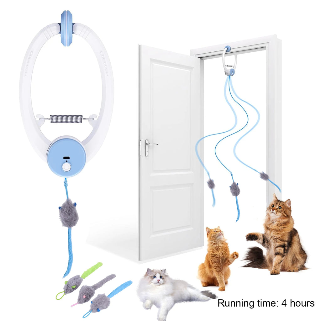 Door-Hanging Retractable Cat Teaser with 3 Catnip Mice — Automatic Indoor Kitten Toy