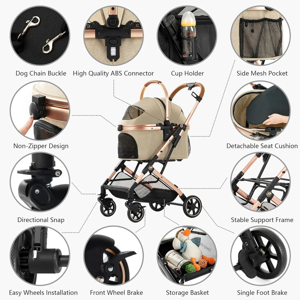 3-in-1 Pet Stroller for Outdoor Use, Aluminum Alloy, Khaki, Detachable Carrier & Pad, Lightweight, Foldable, Dual No-Zip Entry