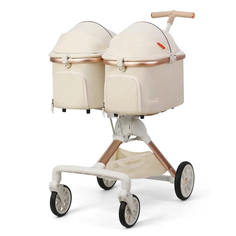 Cute Foldable Cat Stroller for 2 Cats 4 Wheels Outdoor Dual Cat Stroller Bag Detachable Dog Trolley Carrier Luxury Pet Products