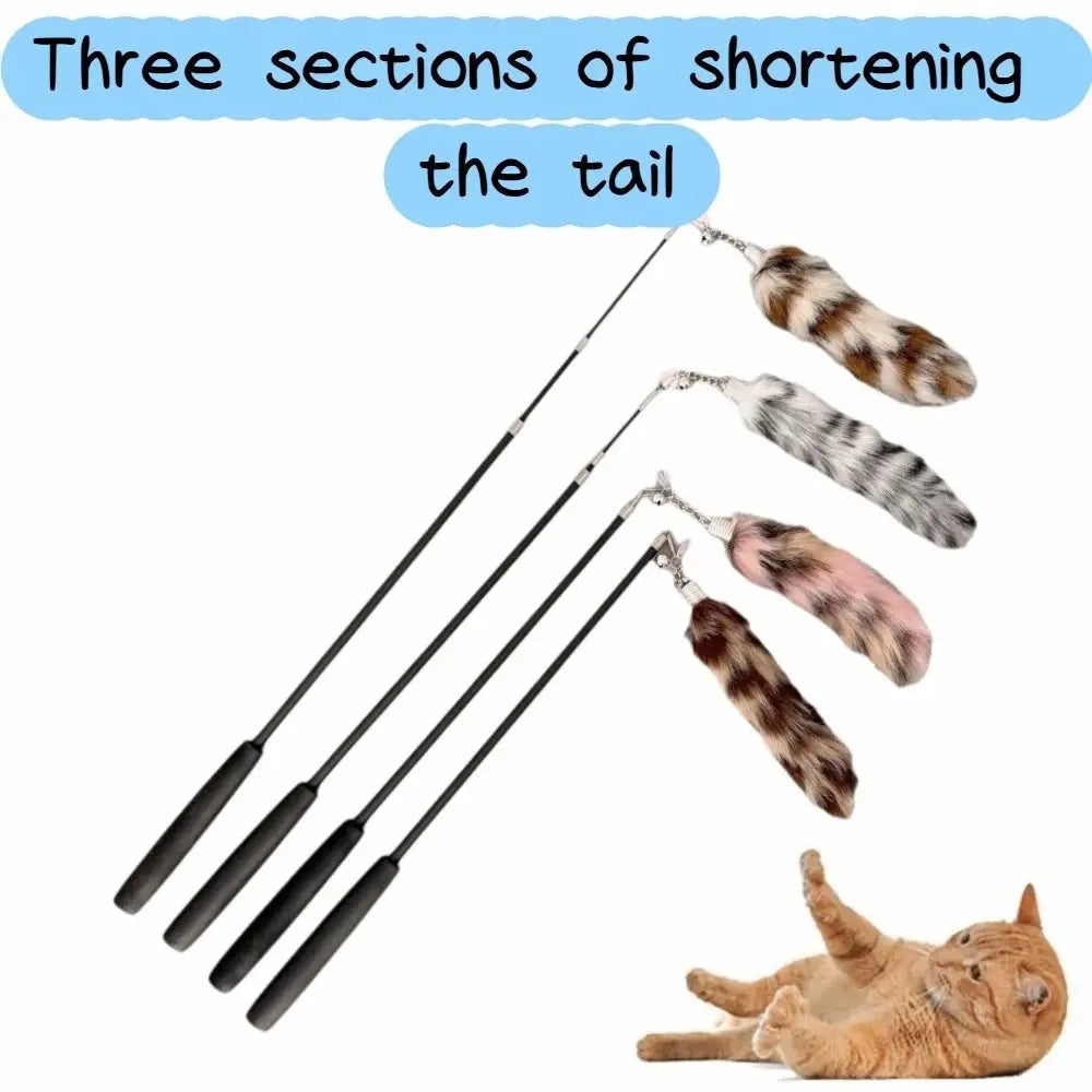 Extra-Long Telescopic Cat Teaser Wand with Faux Tail — Flexible Interactive Indoor Feather Rod