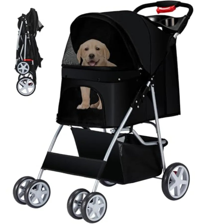 Pet Stroller, 4 Wheels Pet Strolling Cart for Medium/Small Dogs and Cats, Foldable Cat Jogger/Dog Stroller with Cup Holder, Sto