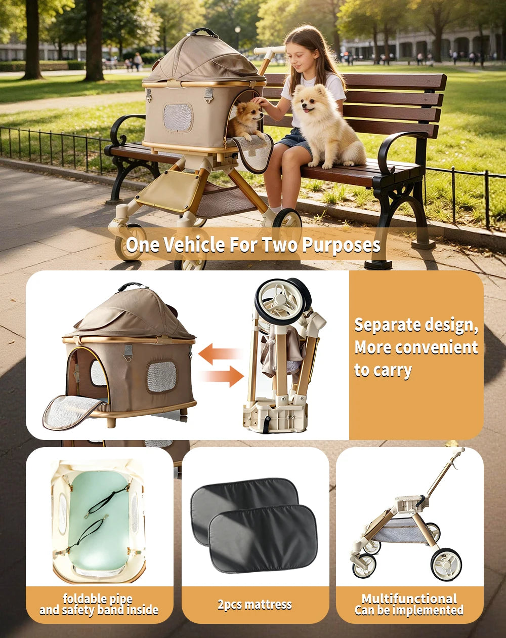 Pet Stroller for Medium Dogs & Cats Up to 55lbs, 2-in-1 Convertible Design with Removable Carrier & One-Click Folding Dog Stroller with 4Wheels