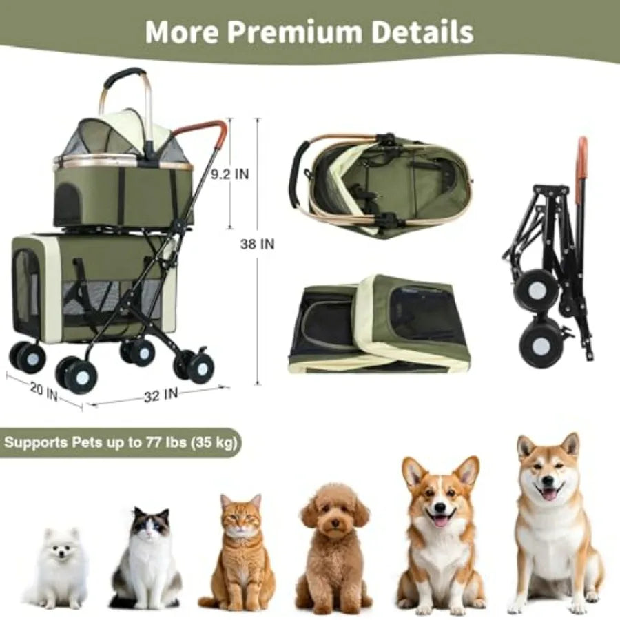 Double Pet Stroller for Dogs and Cats: Dog Stroller Foldable Travel Carriage with Detachable Carriers, Safety Belts, and 4 Lock