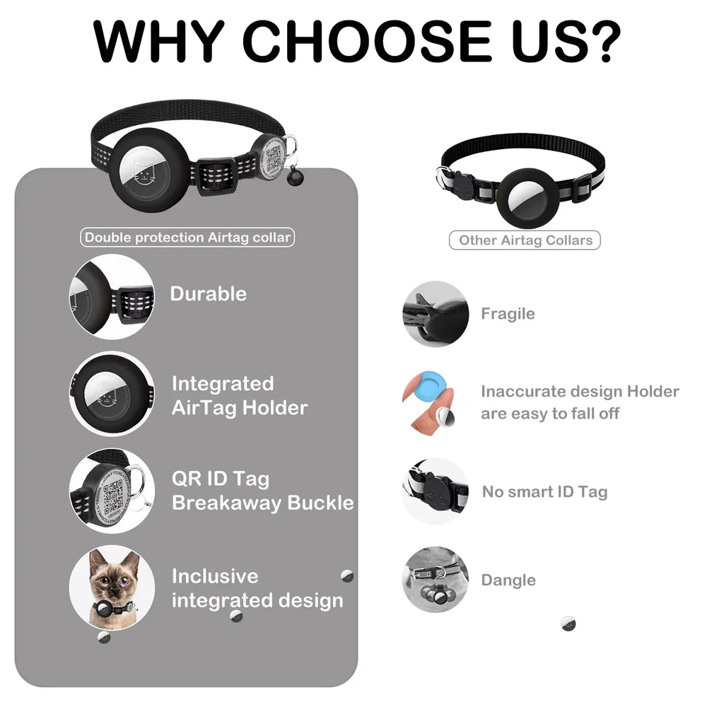 AirTag Cat Collar with Reflective Strip & QR Tag — Adjustable Kitten Collar with Air Tag Holder