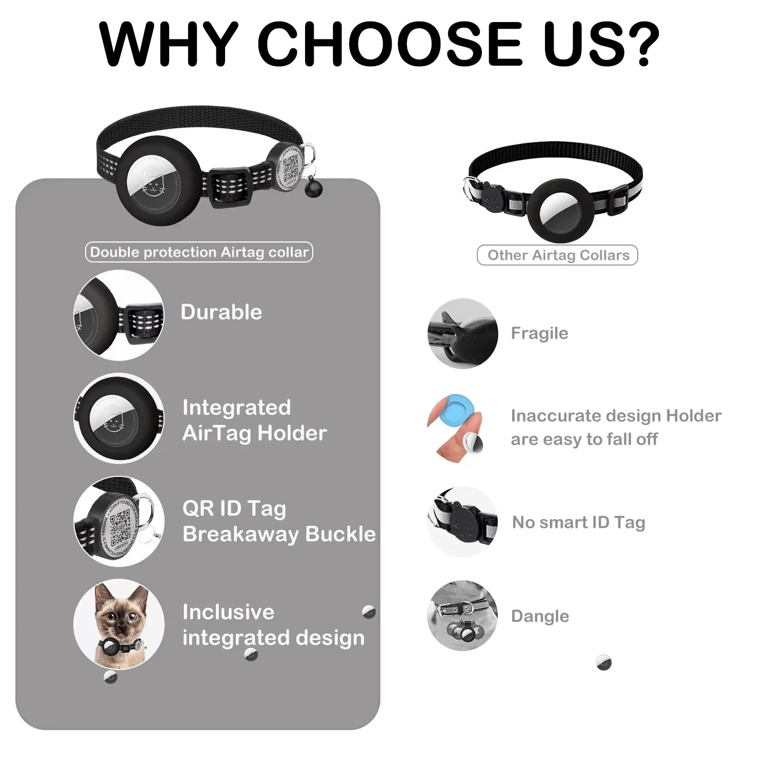 AirTag Cat Collar with Reflective Strip & QR Tag — Adjustable Kitten Collar with Air Tag Holder