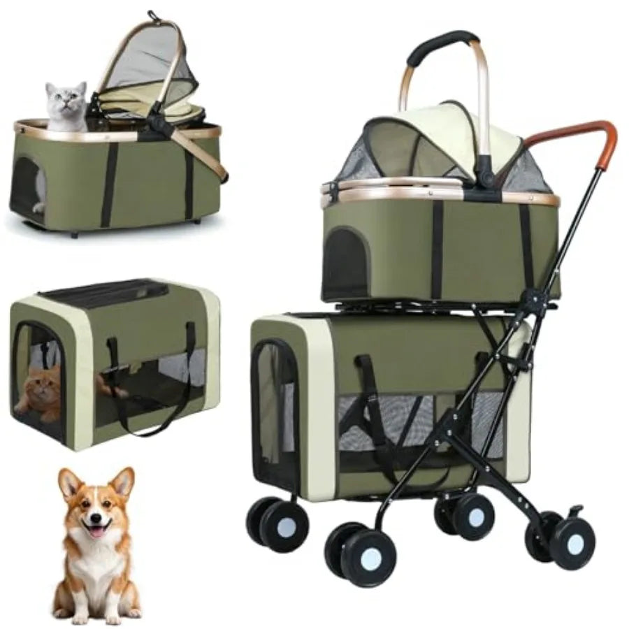 Double Pet Stroller for Dogs and Cats: Dog Stroller Foldable Travel Carriage with Detachable Carriers, Safety Belts, and 4 Lock