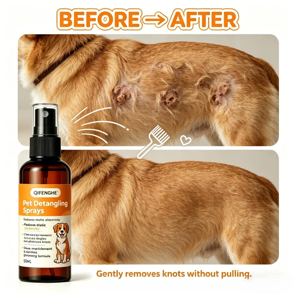 QIFENGHE 50ml Pet Detangling Spray, Leave-In Conditioner for Dogs & Cats, Reduce Static & Eliminate Knots, No-Rinse Grooming Spr