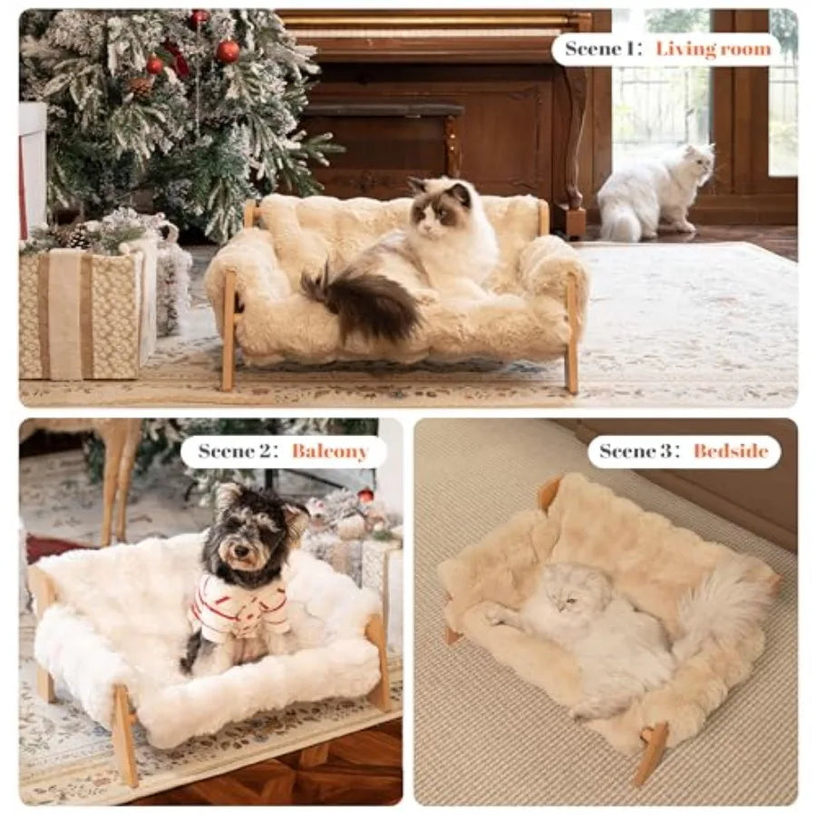Elevated Wooden Cat Couch Bed with Removable Fluffy Cover