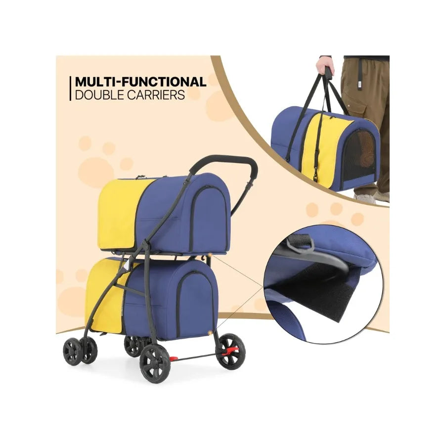 【New style】MoNiBloom Double Dog Stroller With Detachable Carrier Bags Large 4 Wheels Foldable Jogger For Rabbit Bunny Dogs Cats