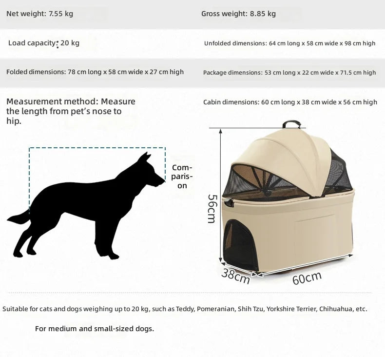 Pet Stroller for Small to Medium Dogs and Cats, Foldable and Detachable, Lightweight Portable Carrier, Travel Pet Carriage
