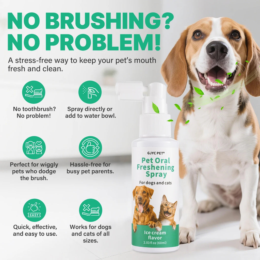 Pet Fresh Breath Spray No-Brush Oral Care Tartar Plaque Remover Plant-Based Gentle Non-Irritating for Dogs Cats Dental Hygiene