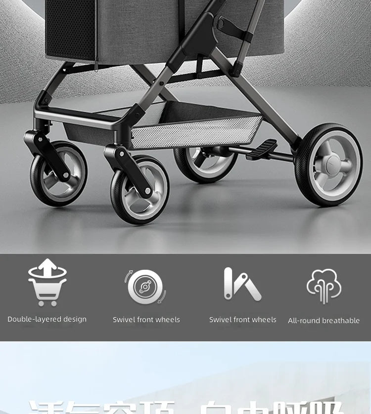 Double Layer Pet Stroller, Foldable Lightweight Dog Cat Carrier for Outdoor Travel, Portable Pet Carriage