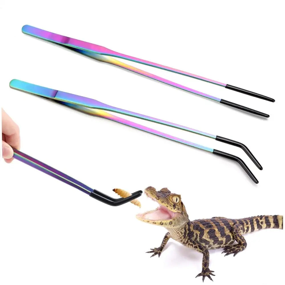 2PCS Stainless Steel Reptile Feeding Tongs with Rubber Tip Terrarium Tank Supplies Straight and Curved Tweezers Accessories