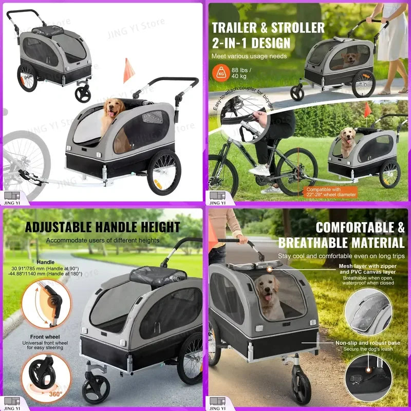 2-in-1 Pet Stroller and Dog Bike Trailer with Quick Release Wheels Foldable Bicycle Carrier for Dogs Cats 30-50kg Pet