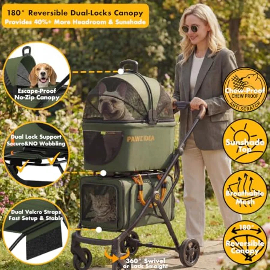 PAWZIDEA Double Pet Stroller with 2 Detachable Carrier, Lightweight Portable Travel Crate Car Seat Combo TSA-Approved Expandabl