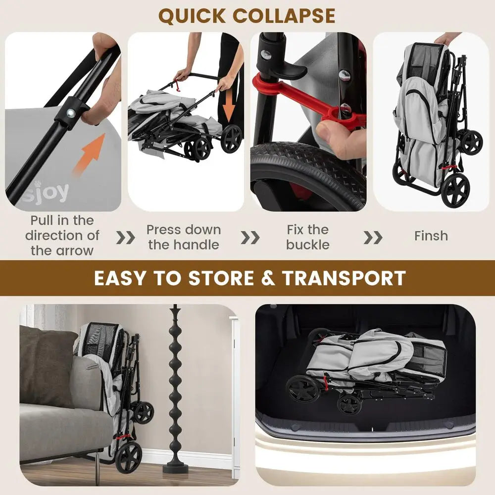 Double Dog Stroller, Foldable Pet Stroller for 2 Dogs amp Cats Small Medium Sized with Detachable Carrier on Wheels, Ideal for