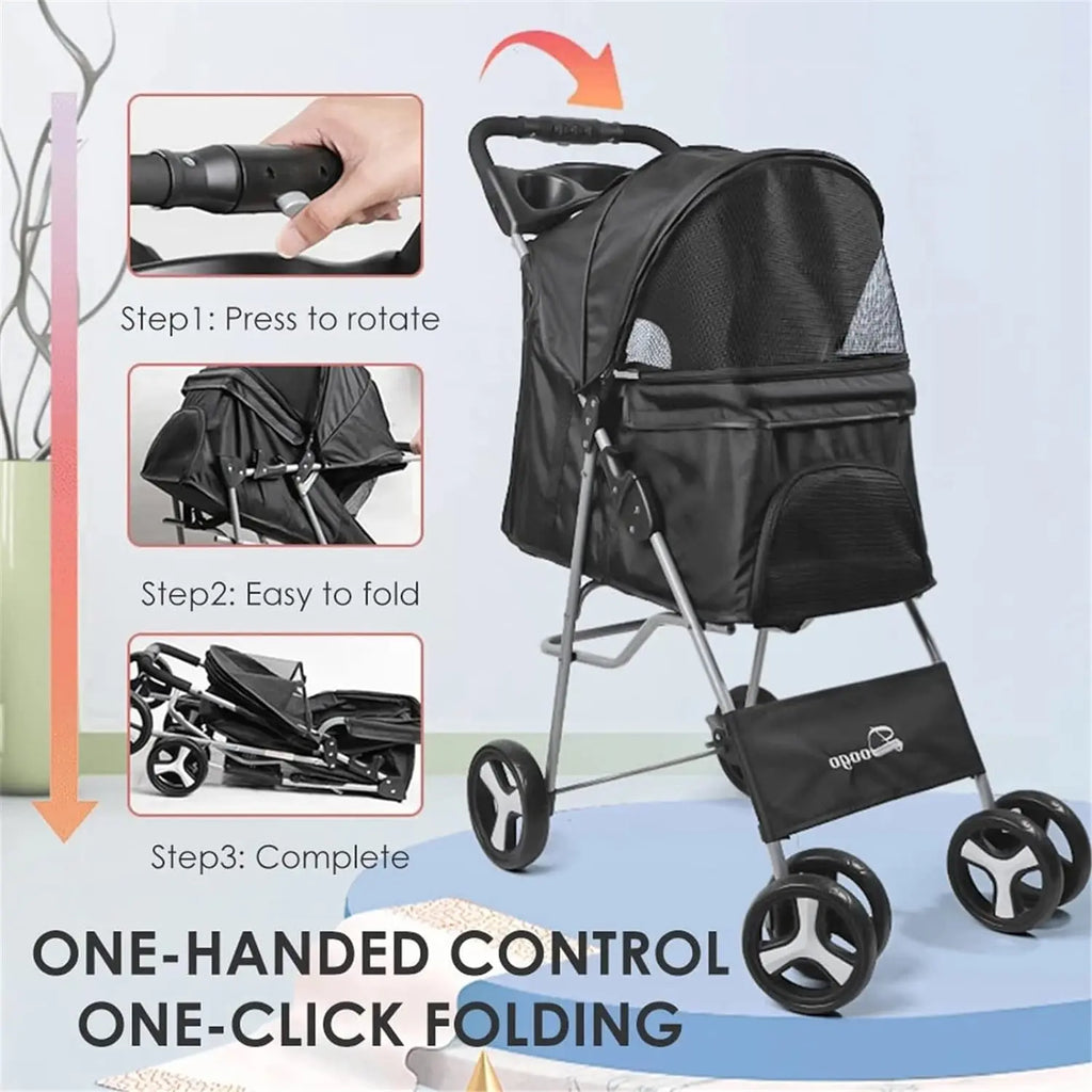 4-Wheel Pet Jogger Stroller with Cup Holder & Storage Basket - Travel Pushchair for Small & Medium Dogs & Cats