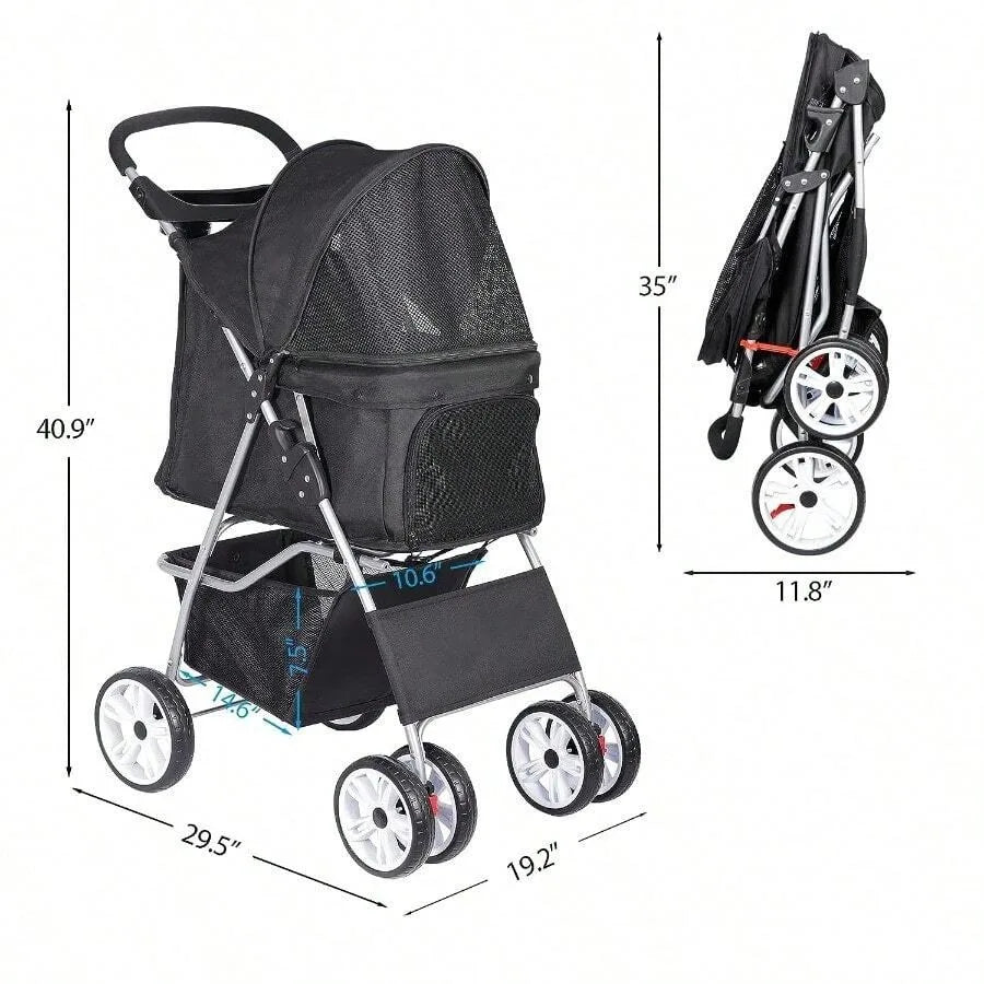 【New style】ZENY Foldable Pet Stroller Cat/Dog Stroller With 4 Wheel Pet Travel Carrier Strolling Cart With Storage Basket Cup H