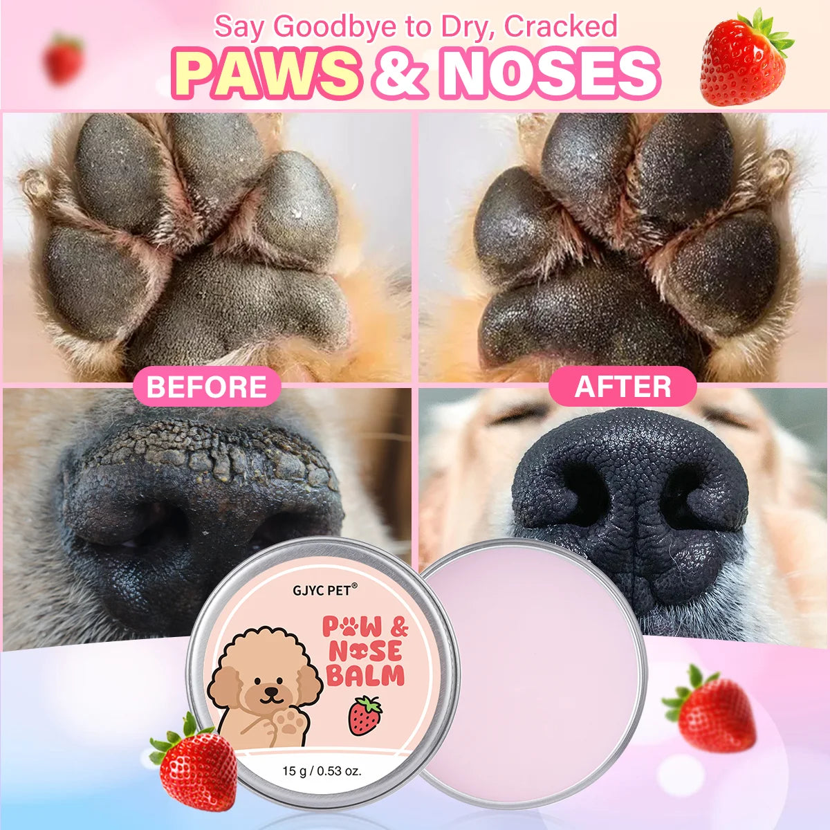 Dog Cat Paw Balm Care Cream Natural Gentle Nourishing Softens Pads Prevents Cracked Paws Moisturizing Treatment Strawberry