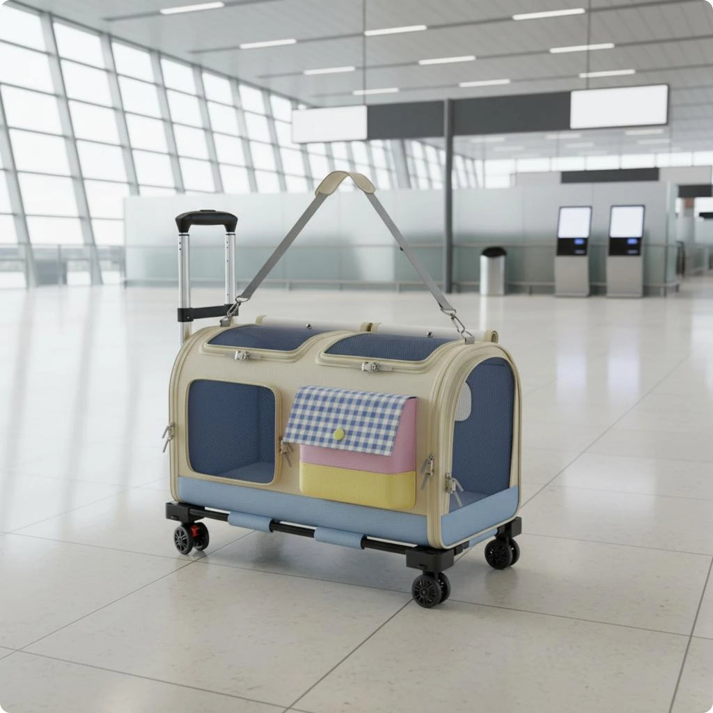 Feline Rolling Suitcase Telescopic Handle Pet Rolling Suitcase Multi-Feline Carrier Breathable Mesh Pet Carrier with Wheels