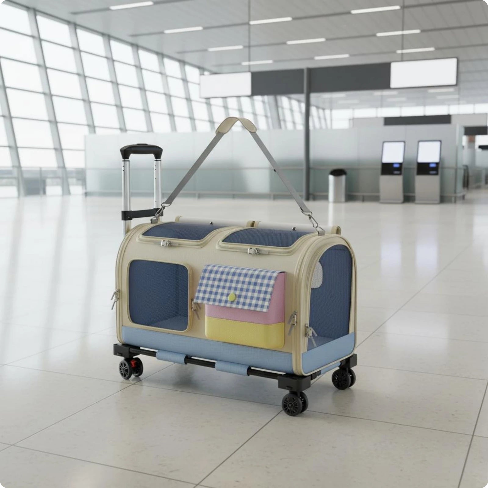 Feline Rolling Suitcase Telescopic Handle Pet Rolling Suitcase Multi-Feline Carrier Breathable Mesh Pet Carrier with Wheels