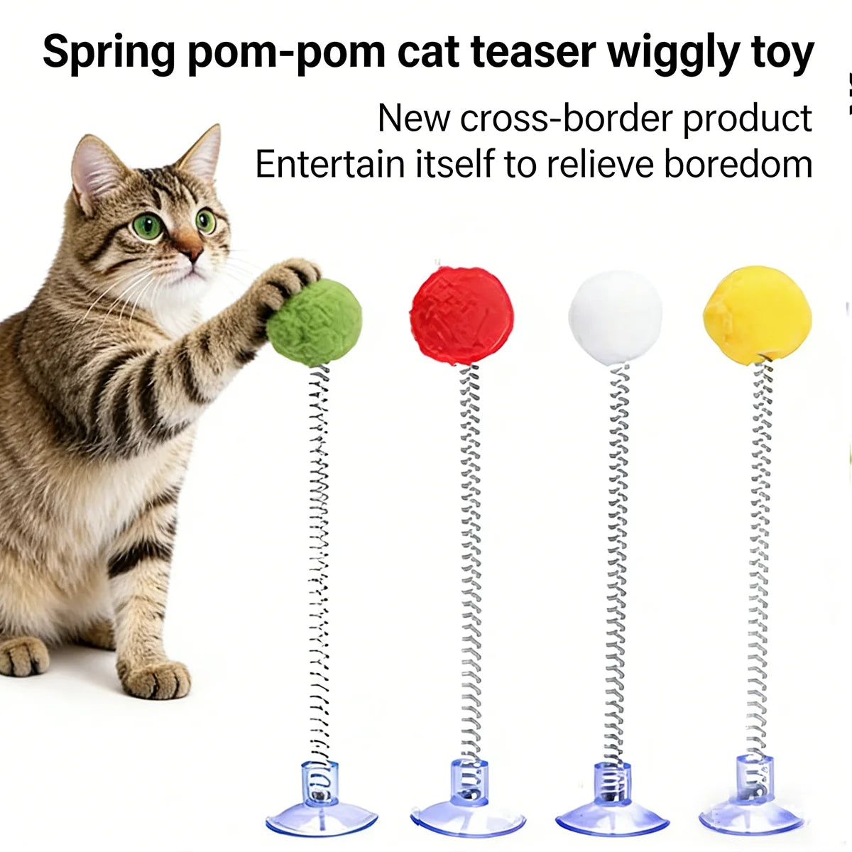 Suction Cup Cat Teaser Stick with Colorful Fur Ball Spring — Interactive Floor Toy for Cats