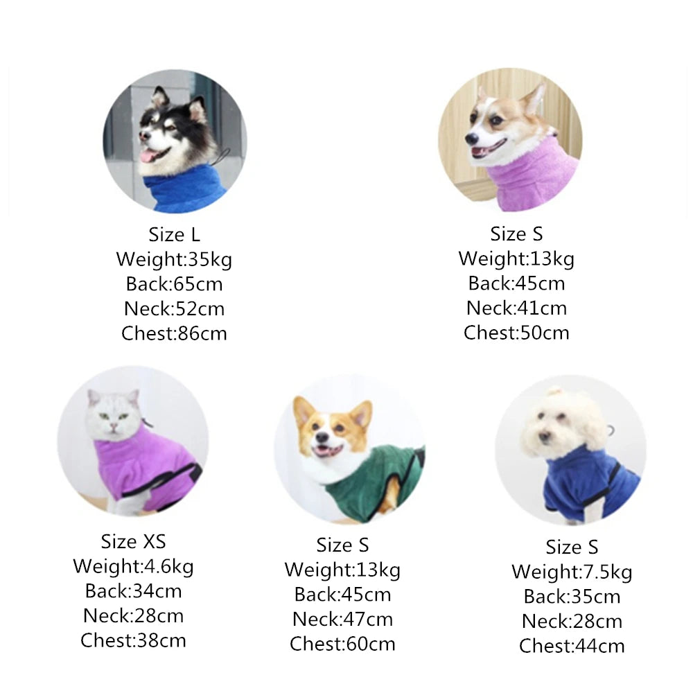 Fast Drying Towel with Adjustable Collar and Waist for Dogs and Cats, Soft Bathrobe, Super Absorbent Bath Robe, Microfiber Coat