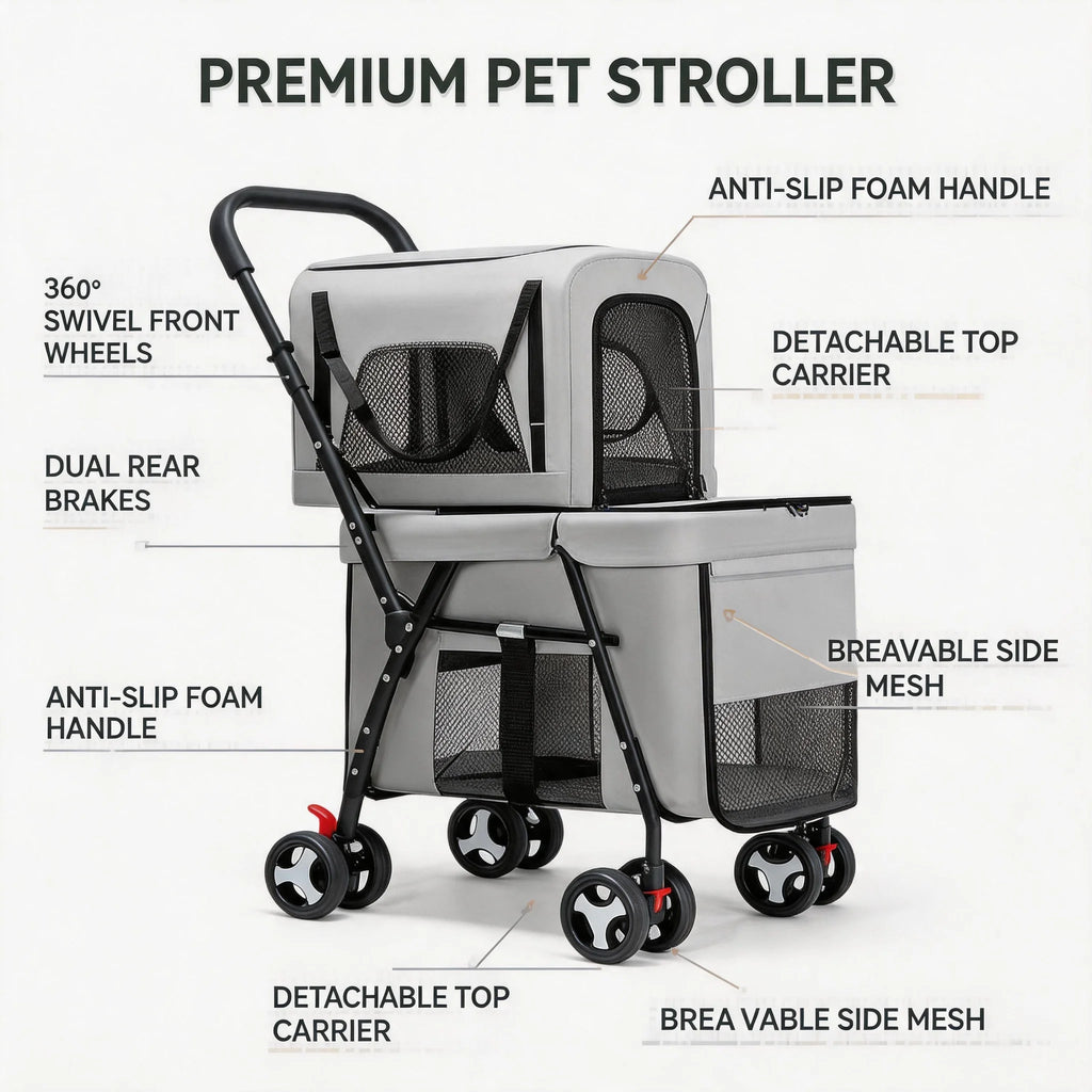 Portable Quick-Folding Double Pet Stroller for Dogs Cats with Detachable Carriers Pet Travel Strolling Cart for Outdoor Use