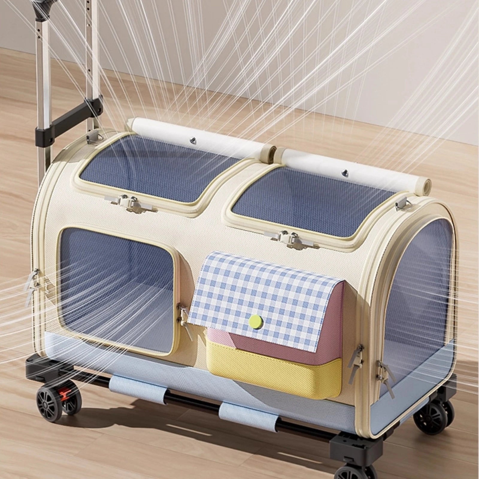 Feline Rolling Suitcase Telescopic Handle Pet Rolling Suitcase Multi-Feline Carrier Breathable Mesh Pet Carrier with Wheels