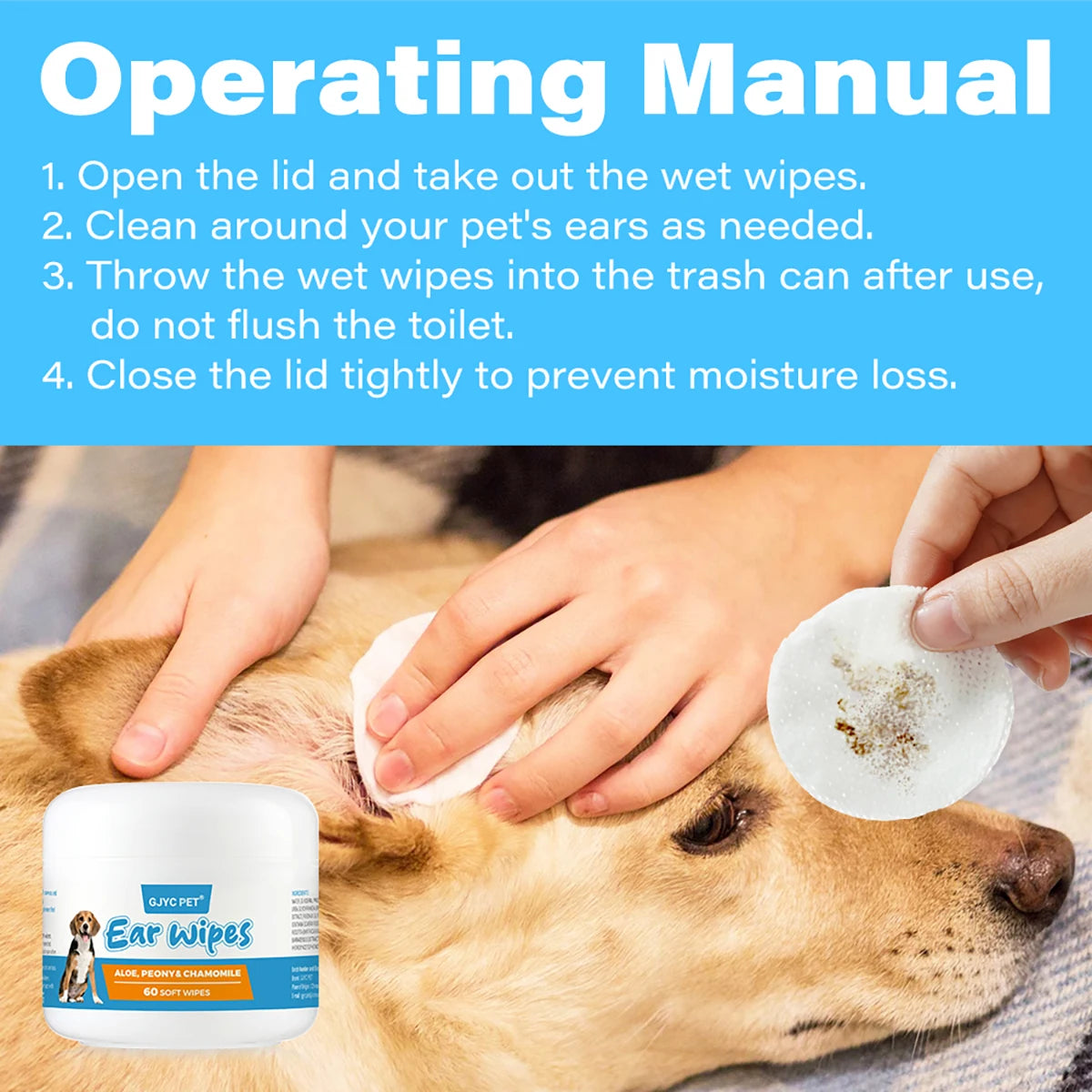 Dog Cat Ear Cleaning Wipes Gentle Non-Irritating Disposable Removes Wax Odor Control Lint Free Travel Friendly All Breeds Daily