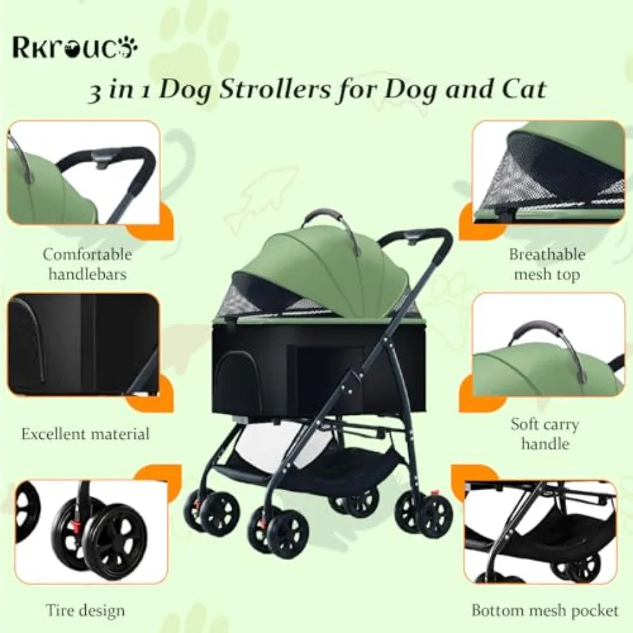 3 in 1 Dog Strollers 4 Wheels Folding Pet Stroller with Detachable Carrier Multifunction Portable Dogs Travel Carriers for Medi