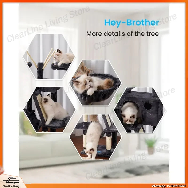 53in Cat Tree with Condo, Hammock & Scratching Post (Smoky Gray)