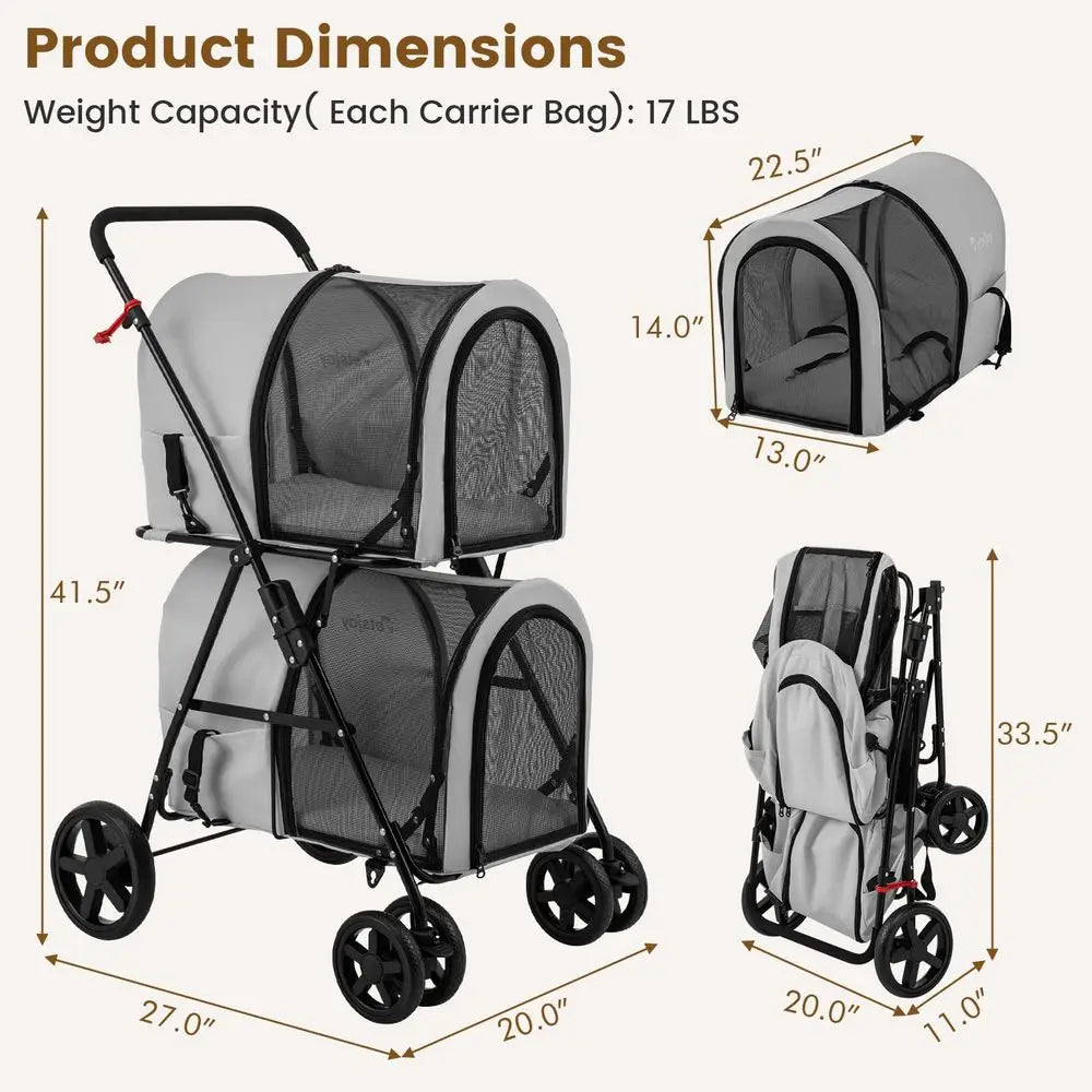 Double Dog Stroller, Foldable Pet Stroller for 2 Dogs amp Cats Small Medium Sized with Detachable Carrier on Wheels, Ideal for