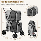Double Dog Stroller, Foldable Pet Stroller for 2 Dogs amp Cats Small Medium Sized with Detachable Carrier on Wheels, Ideal for