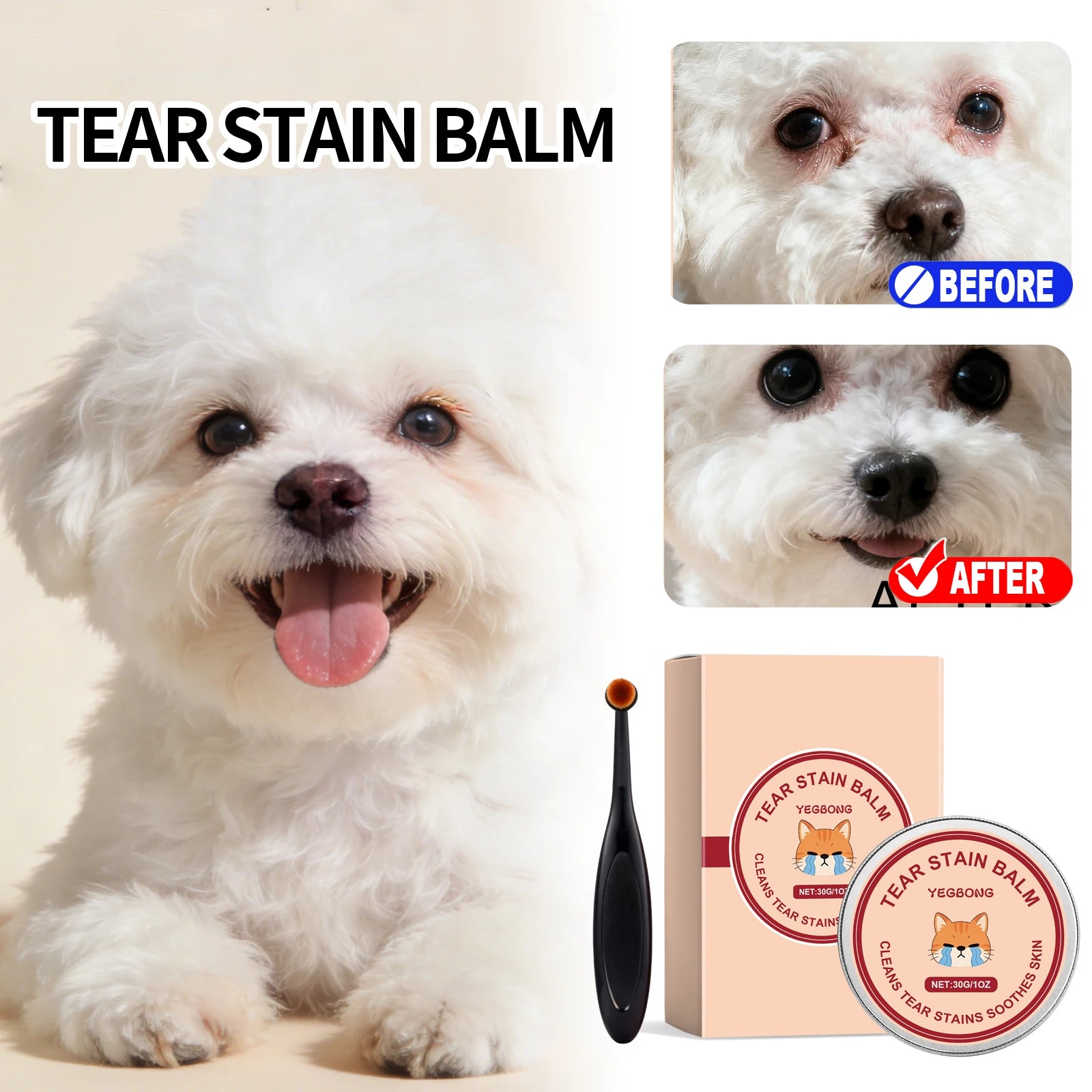 Dog Cat Tear Stain Cleansing Cream With A Special Brush Natural Formula Deep Cleaning Keep Drying Pet Tear Stain Remover Cream