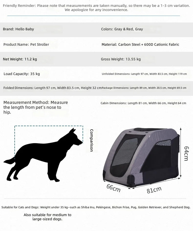 Large Pet Stroller, Foldable Cat and Dog Carrier, High Capacity, for Injured Elderly Pets, Portable Pet Cart
