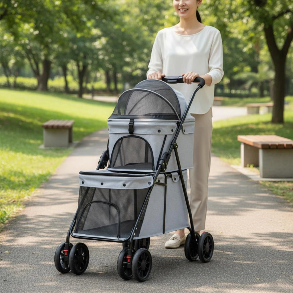 Double Layer Dog Feline Stroller Easy to Fold Double Deck Pet Stroller Large Space for Outdoor, Travel