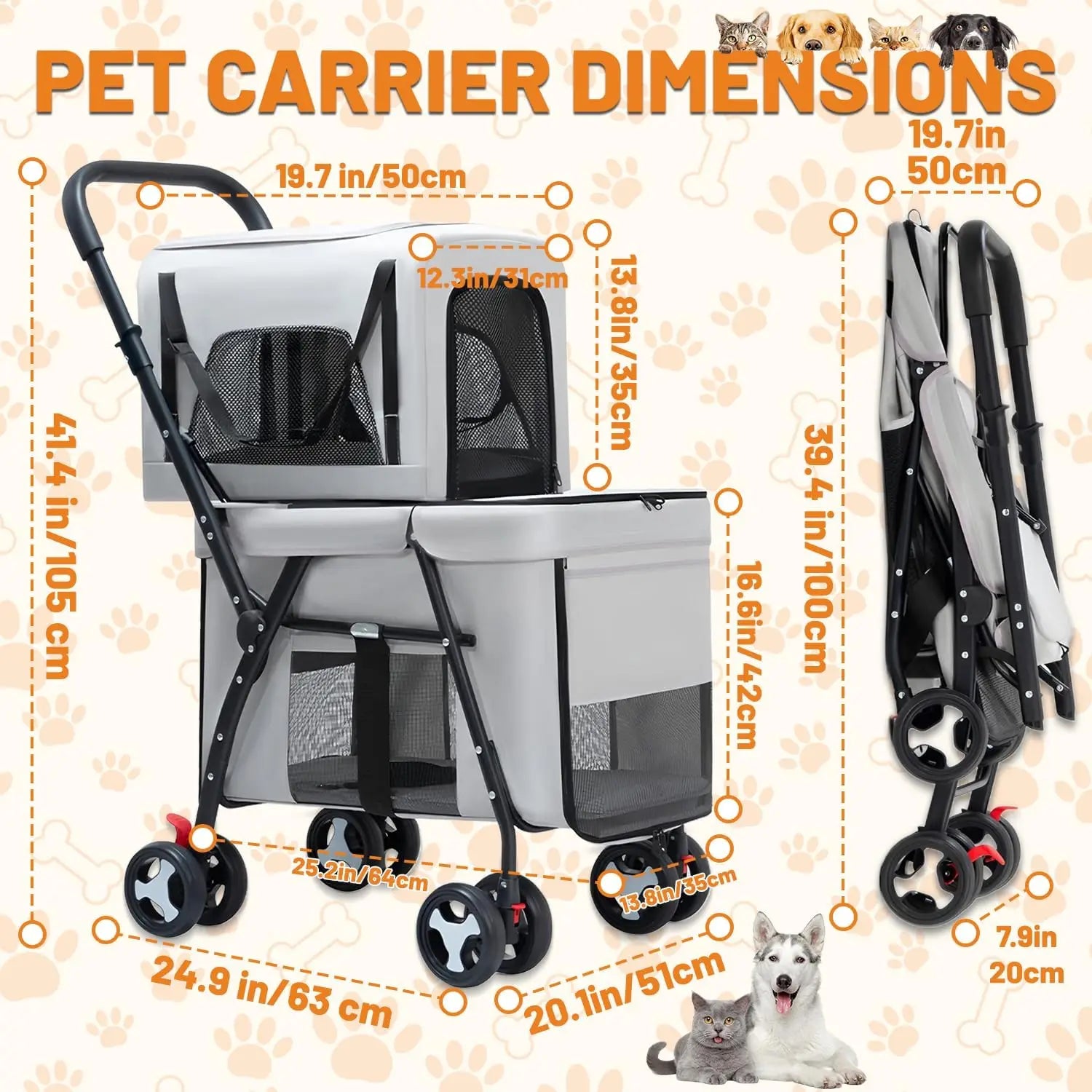 Double Pet Stroller for Dog Cats, Quick-Folding Dog Stroller Carrier with Detachable Carriers, Pet Travel Carrier Strolling Cart