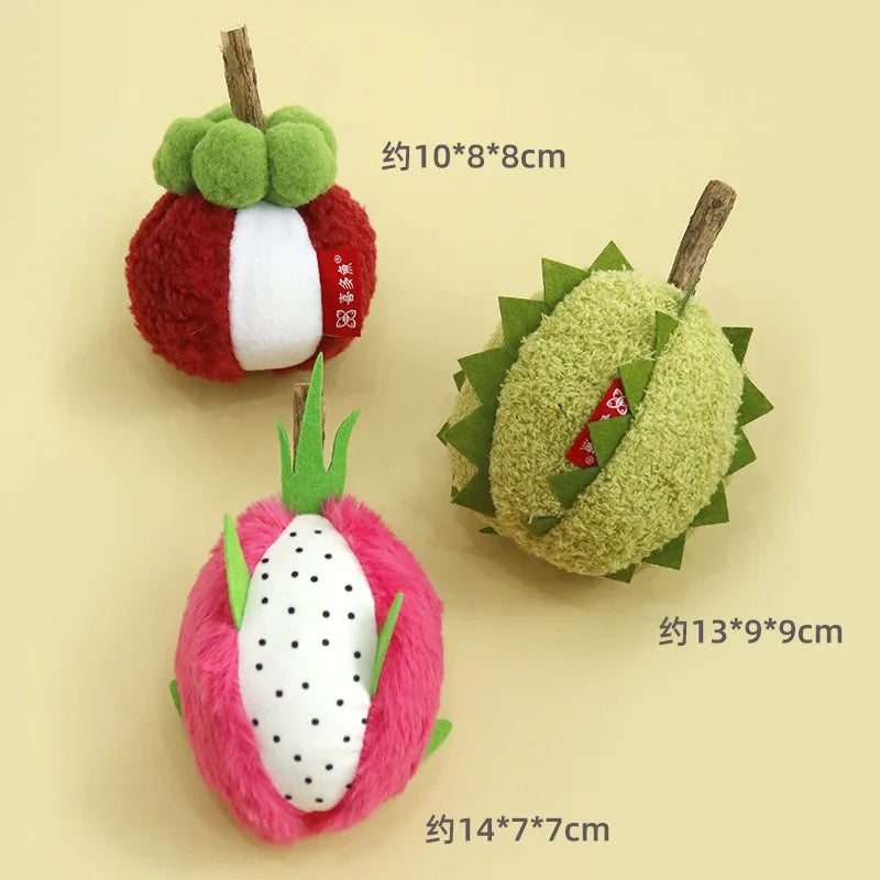 Plush Fruit Cat Chew Toy Set — Quiet Bite-Resistant Mangosteen & Durian Simulation Toys