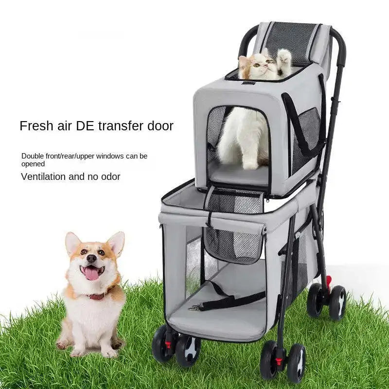 Quick-Folding Double Pet Stroller for Dogs Cats with Detachable Carriers Pet Travel Strolling Cart for Outdoor Daily Walking Use