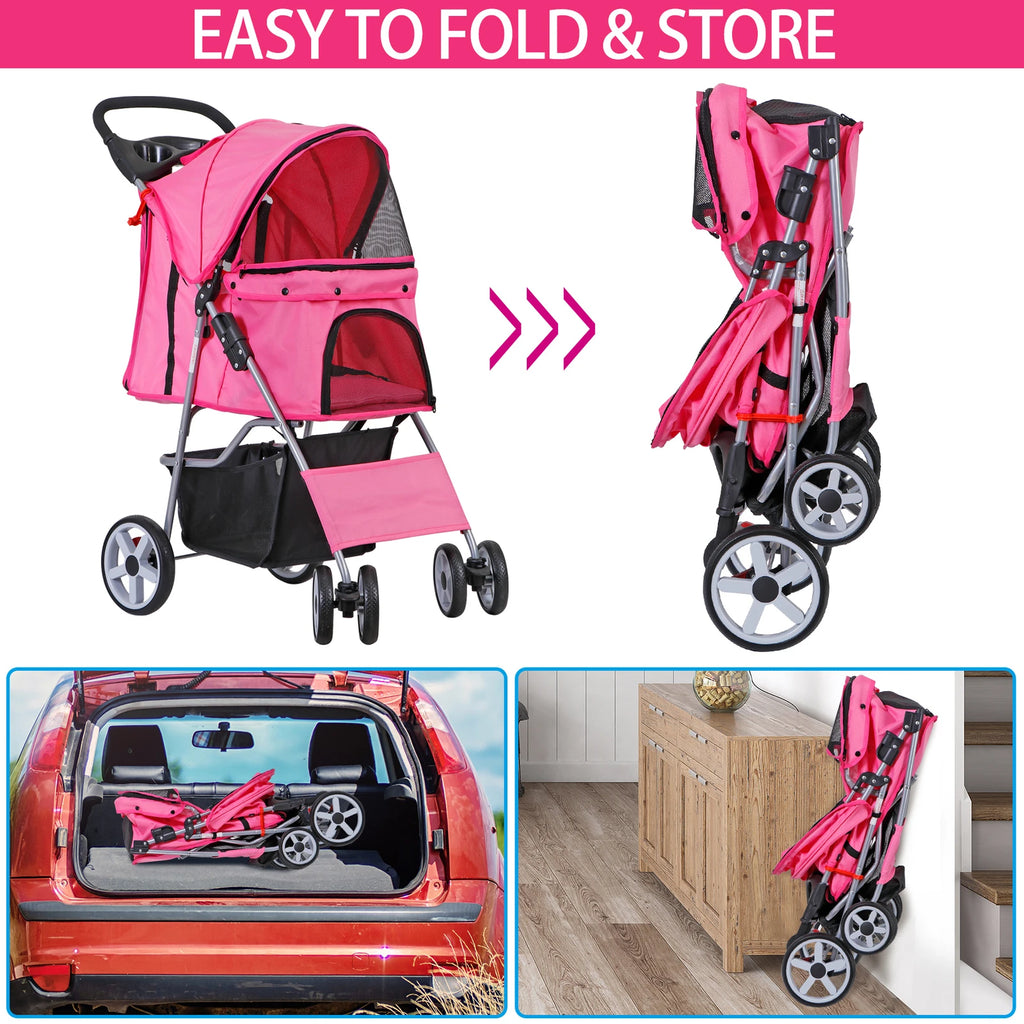 4-Wheel Foldable Pet Stroller with Storage Basket for Dogs & Cats - Lightweight Outdoor Travel Cart