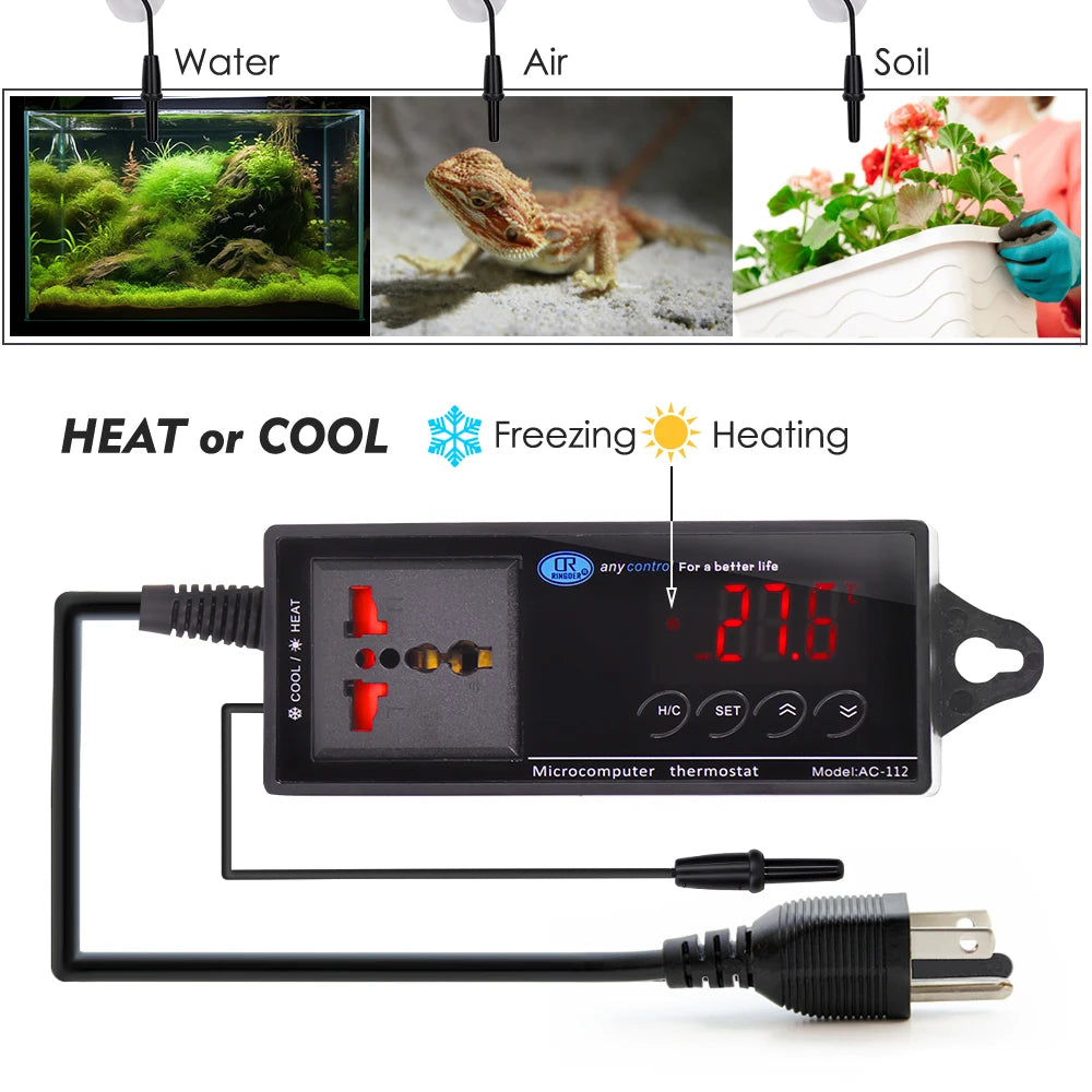 Digital LED Temperature Sensor Reptile Terrarium Thermostat Controller Outlet Thermostat Suction Cup for Aquarium Garden Plants