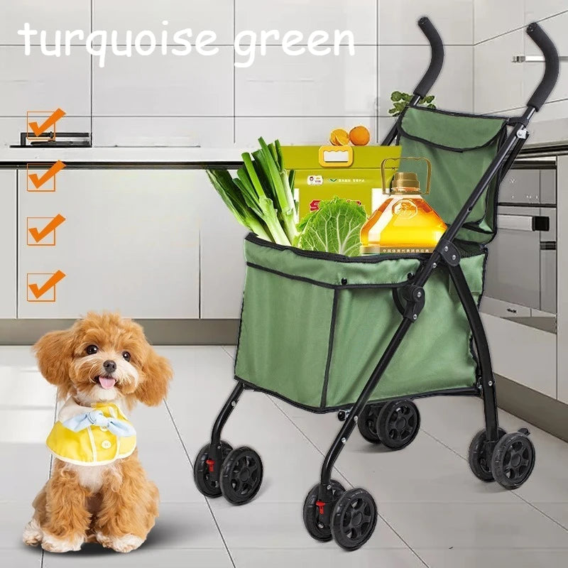 Lightweight Foldable Pet Stroller, Heavy Duty Oxford Fabric Dog Shopping Cart with Storage Basket for Outdoor Walking