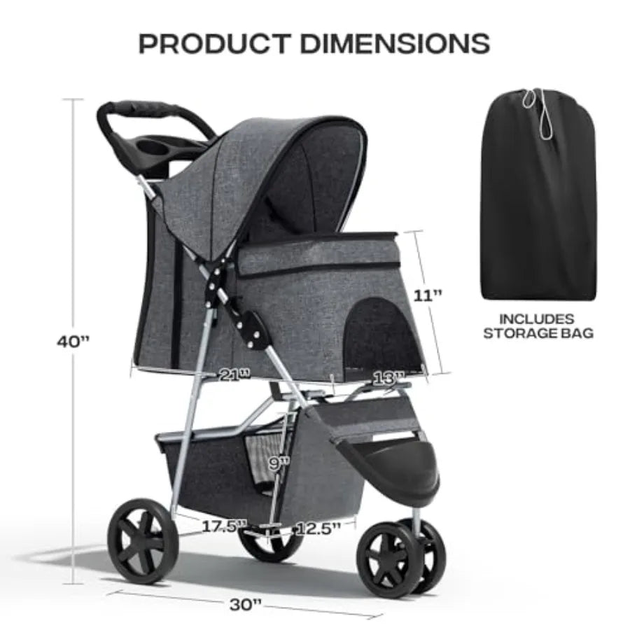 Pet Stroller for Small Dogs 10 lbs, Dog Stroller for Medium Dogs 30 lbs, Cat Strollers for 2 Cats, 3 Wheels Foldable Jogger Pup