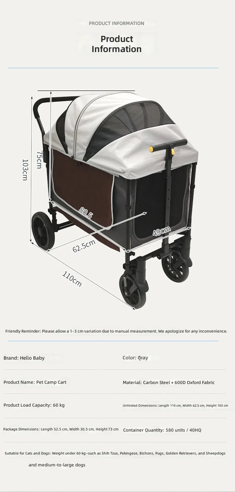 Pet Stroller for Dogs and Cats, Large Space Pet Carrier, Push and Pull Design, Outdoor Travel Cart